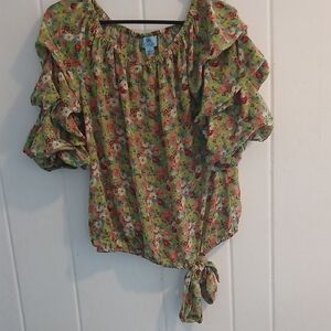 CeCe Green Floral Ruffle Blouse